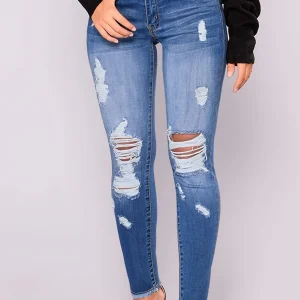 Women's blue ripped jeans casual elastic raw edge nine-point pants tight-fitting pants suitable for all seasons