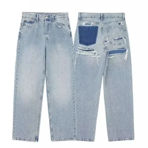 HH 2024 Women's Street Fashion Denim Blue Jeans Distressed Patchwork High Waist Zipper Fly Ripped Retro Long Pants