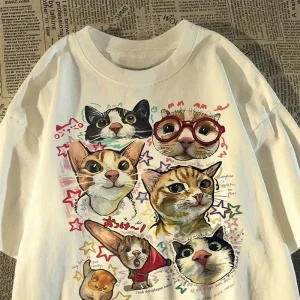 American Retro Fun Cartoon Cat Print Short-sleeved T-shirt Women's Summer Loose Top T-shirt Graphic T Shirts Women Clothing Y2K