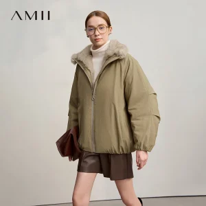AMII Women's Jacket 2025 Winter New Loose Medium And Long Fur Collar Long Sleeve Zipper Casual Warm Parkas Jacket Woman 12544100