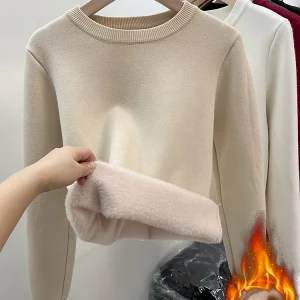 Women's O-neck Plus Velvet Thicken Sweaters Winter Slim Warm Long Sleeve Knitted Tops Casual Plush Fleece Lined Soft Pullover