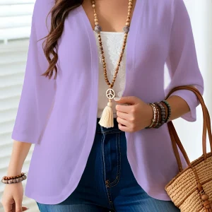 Plus-size women's open-front cardigan, lightweight 3/4 sleeve casual jacket, solid color layering fashion.