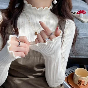 Autumn Winter Turtleneck Knitted Pullovers 2025 Women Long Sleeve Soft Tops Casual Versatile Ruched Sweater Slim Base Layer Top