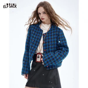 ELFSACK 2025 Winter New Arrivals Y2K Vintage Check Round Neck Short Jacket For Woman