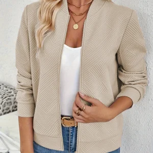 Women's Solid Textured Zip Up Jacket Casual Long Sleeve Mock Neck Outerwear for Spring & Fall Ladies Clothes for Daily Wear